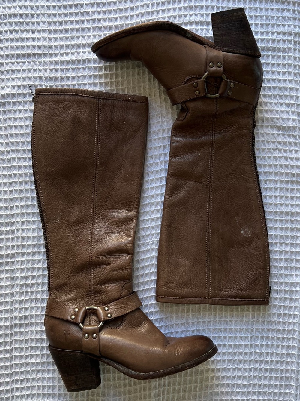 Frye brown leather harness buckle knee high heeled zippered boots